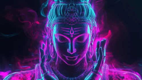 Neon spirit in quiet meditation wrapped in glowing color.