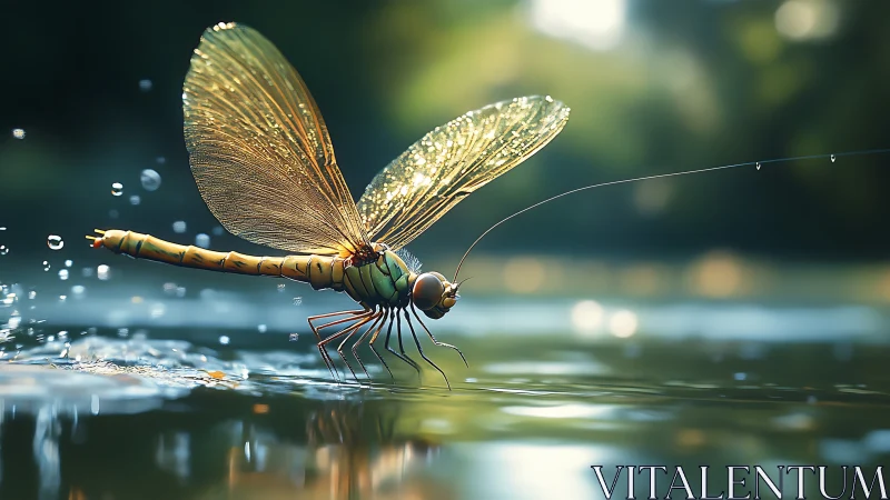 Dragonfly skimming over sunlit water surface in motion.