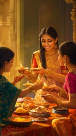 Festive Indian women sharing traditional sweets at banquet.