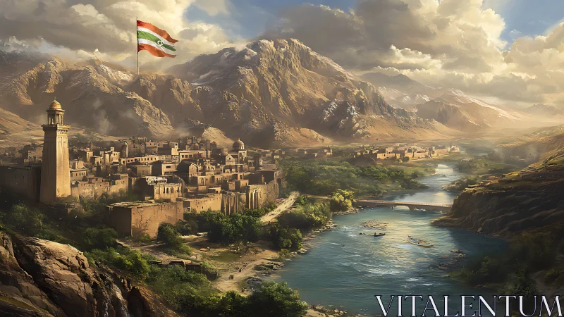 Mountain city with river, stone bridge, and large flag.
