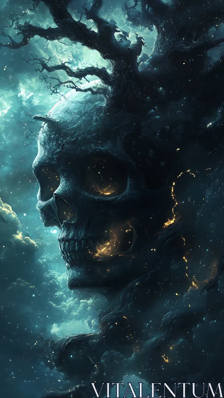 Skull shaped nebula with twisting roots in deep space.