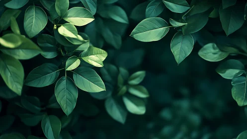 Shallow depth of field study of glossy green foliage in low light