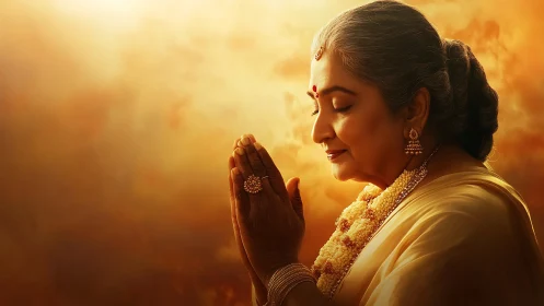 Elderly woman prays peacefully in warm golden light.