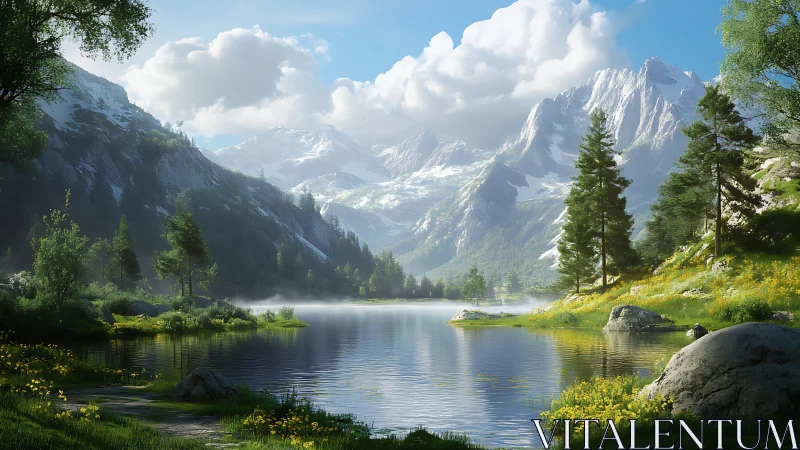 Morning serenity unfolds over a quiet alpine lake and peaks