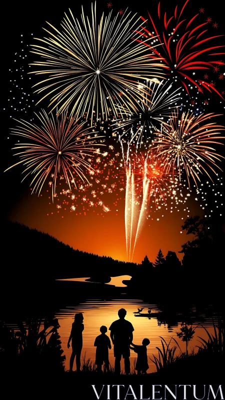 Digital painting of lakeside family silhouettes and fireworks.