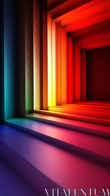 Prismatic corridor of geometric light and color gradients.