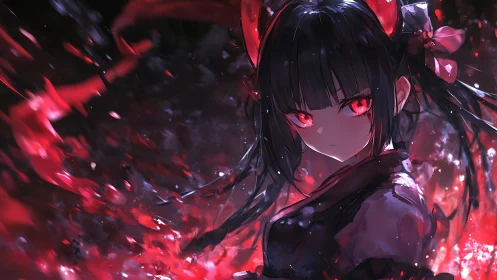 Dark-haired anime girl stands amid red abstract energy field