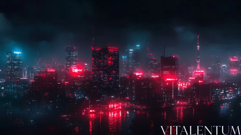 High-rise night skyline with red neon reflections over water.