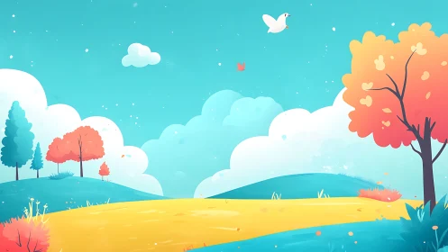 Chromatic low-poly meadowscape with stylized atmospheric gradients.