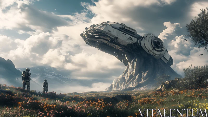Futuristic starship structure dominates alien grassland plain.