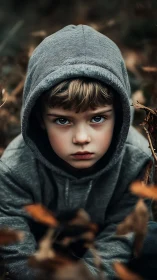 Child wearing gray knit hood in outdoor setting with foliage.
