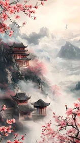 Misty mountain temples framed by blooming cherry blossoms.