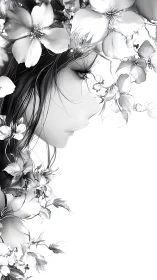 Monochrome floral profile portrait in ethereal negative space.