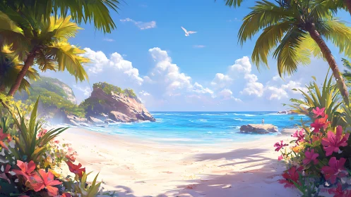 Tropical Beach Paradise Framed by Palms and Flowers