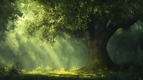 Ancient tree in luminous forest with atmospheric light rays