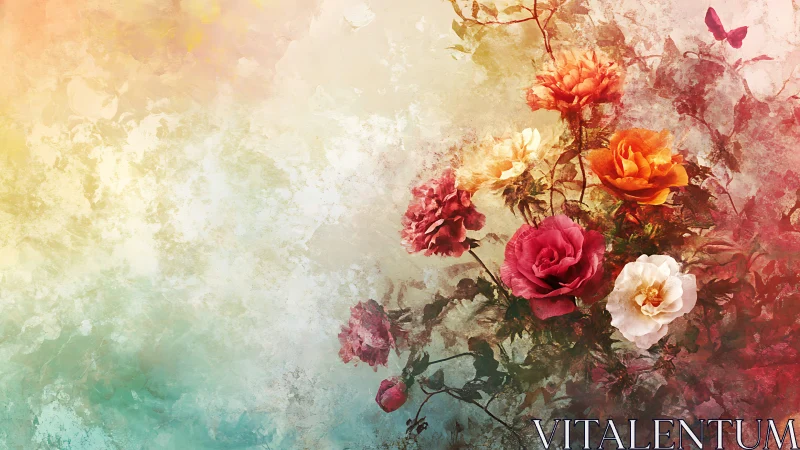 Watercolor Floral Cascade: Roses in Diffused Gradient Wash.