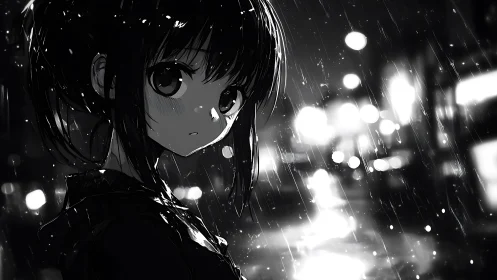 Midnight rain drapes a quiet girl in neon-silver hush