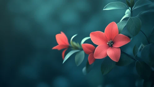 Digital rendered botanical composition featuring coral-hued five-petaled flowers with teal atmospher