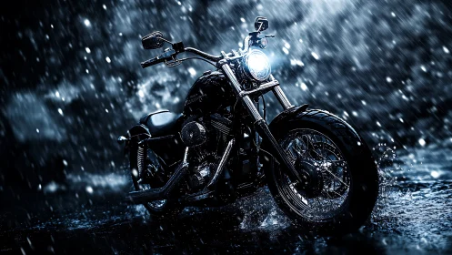 Stormlit chopper roars against rain in electric midnight haze.