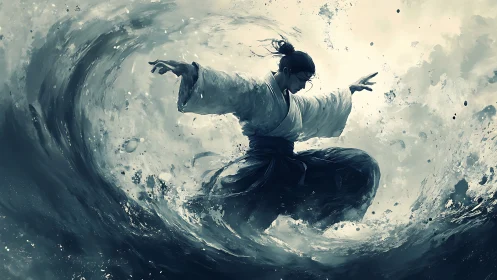 Martial waterbender in swirling ocean vortex.