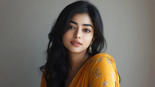 Photorealistic portrait in saffron drape with soft rim lighting.