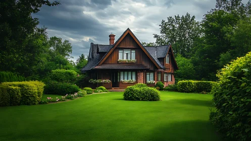 Wooden cottage nestles in manicured garden under clouds.