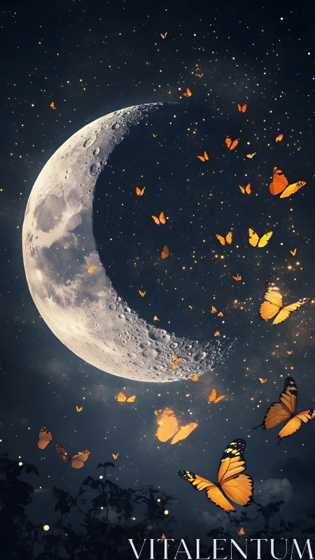 Golden butterflies drift around a glowing crescent moon at night
