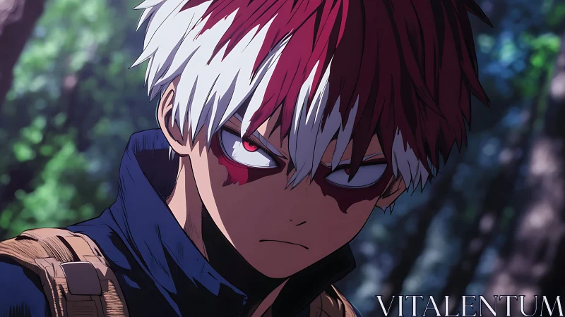 Dual-colored haired anime character in shaded forest scene.