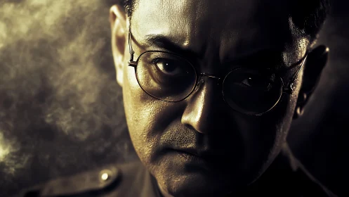 Intense bespectacled portrait in dramatic low-key light.