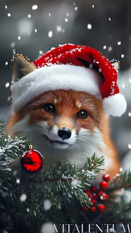 Cozy Christmas fox in snowfall with bright red bauble.
