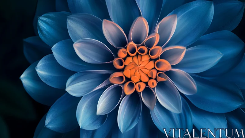 Blue Dahlia with Vivid Orange Center Florets Rendered in Digital Macro