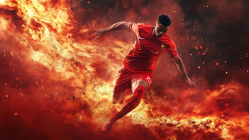 Digital render shows soccer player in red kit amid stylized fire