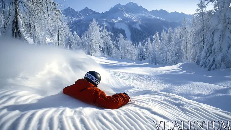Solo snowboarder carves fresh powder beneath icy peaks.