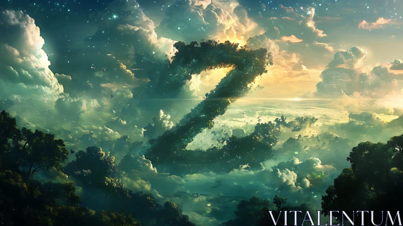 Giant cloud letter Z floating in a glowing fantasy sky.