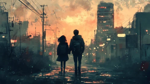 Hand in hand through the city’s glowing twilight streets.