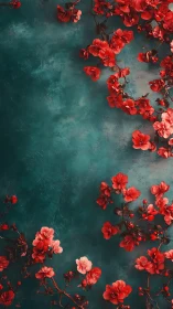 Vibrantly Saturated Red Botanical Forms Against Teal Weathered Ground Surface Composition