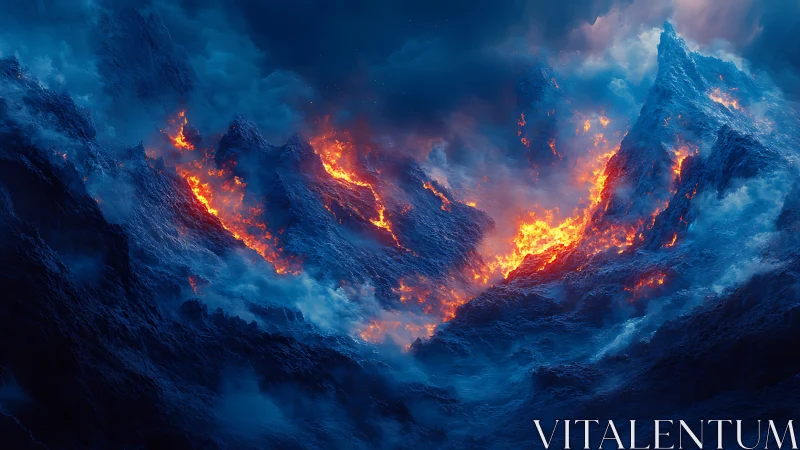 Volcanic Mountain Range with Molten Lava Flows at Dusk.