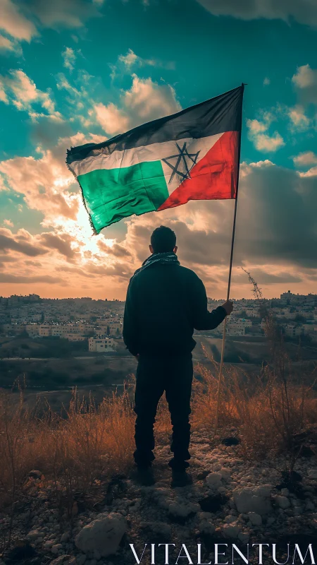 Solitary figure holds tricolor flag above distant hillside town