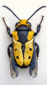 Beetle in a tuxedo of gold and midnight speckled armor.