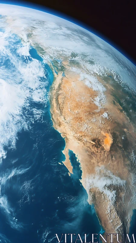 Orbital perspective of North American coastline and atmosphere.