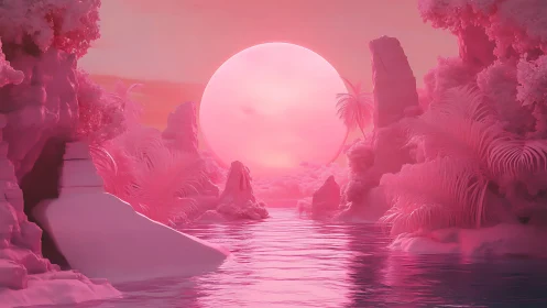 Dreamy pink tropical lagoon rests under a glowing sun
