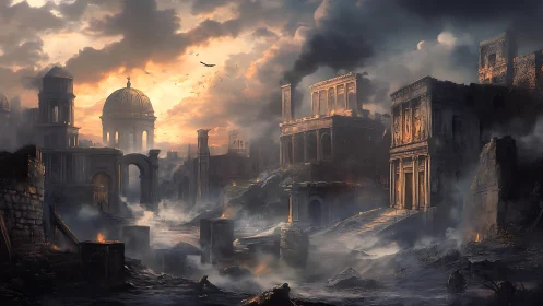 Ruined classical cityscape under smoke and evening light.