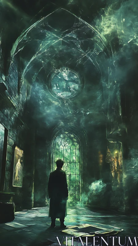 Shadowed wanderer beneath emerald cathedral skies.