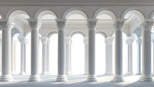 Classical colonnade with white Corinthian pillars and arches.