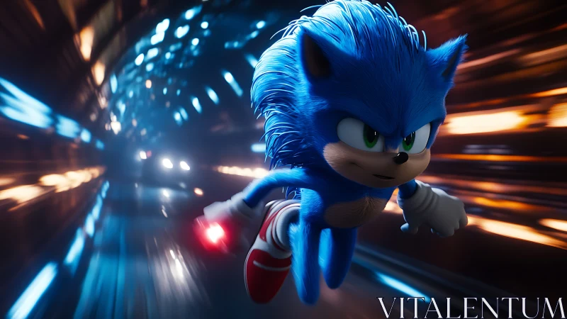 Blue speed hero sprints through neon tunnel with motion blur.