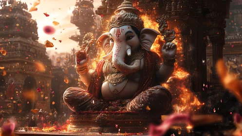 Radiant Ganesh statue glows in a shower of warm petals