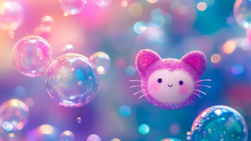 Glittery kawaii cat bubble drifts in dreamy pastel light