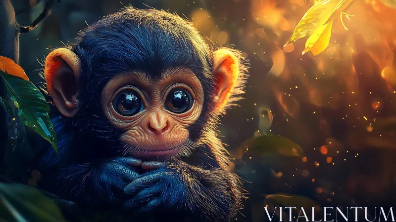 High-detail digital portrait shows baby monkey in warm bokeh light