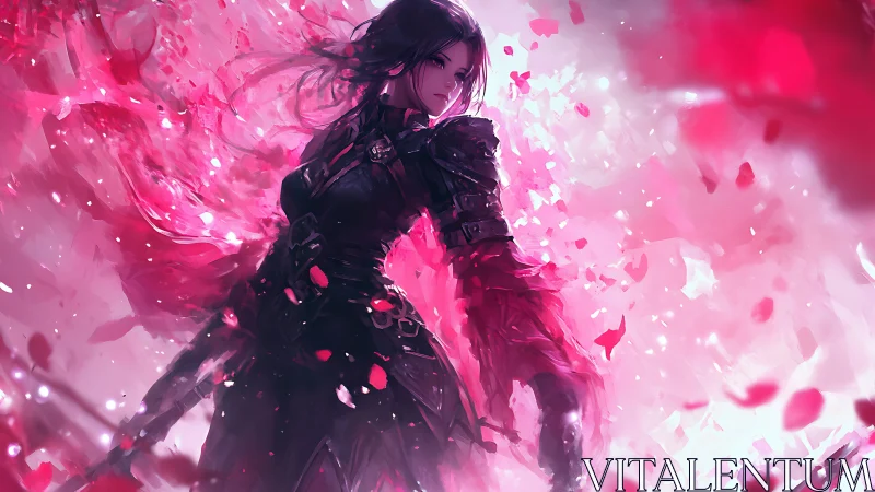 Dark armored warrior strides through swirling crimson petals