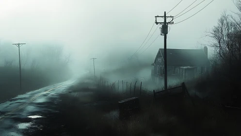 Fog-shrouded rural road curves past an eerie abandoned house.